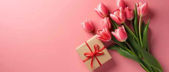 Tulips and Gift Box on Pink