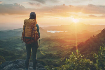 Hiker overlooking a sunrise view from the mountaintop.
