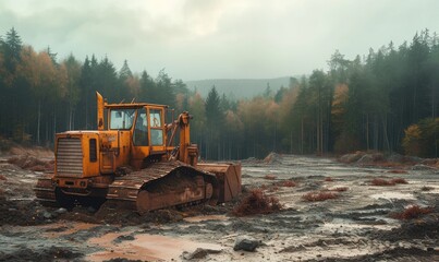 bulldozers clear forest land - obrazy, fototapety, plakaty