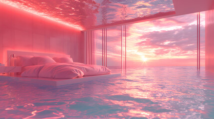 A bedroom with a water bed and a large window showing a sunset over the ocean.