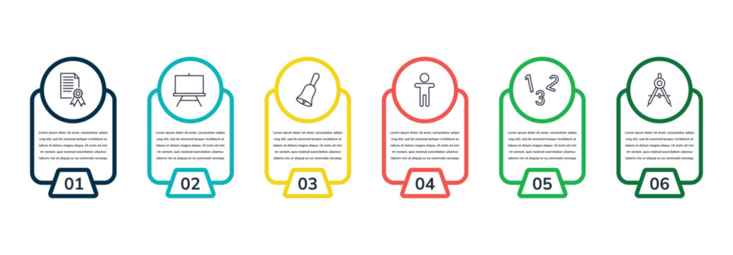 outline icons collection with infographic template. linear icons from education concept. editable vector included sealed diploma, canvas, hand bell, open arms, numbers, draw with compass icons.