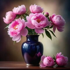 Blue crystal vase with pink peonies, through which soft light. dark watercolor painting.