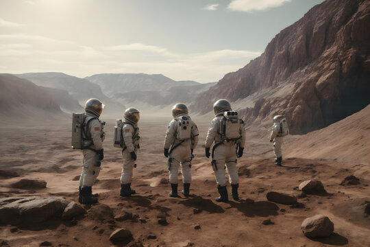 A group of astronauts walking on a planet