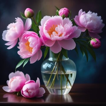 Crystal vase with pink peonies, through which soft light seeps, dark watercolor painting