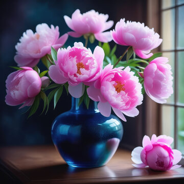 Blue crystal vase with pink peonies, through which soft light, dark watercolor painting.