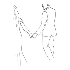 hand drawn illustration of a leaving man and woman holding hands, the man looks at the woman and smiles. heterosexual couple in love - doodle style drawing