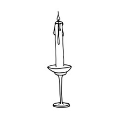 Hand drawn illustration of a burning candle on a long candle stand. drawing of a candle on a long candle stand