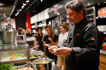 A culinary expert conducting a live cooking demonstration using a new kitchen appliance in a home goods store, with eager customers watching 