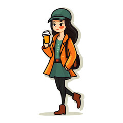 Stylish girl cartoon holding coffee cup. Beautiful girl drinking coffee.