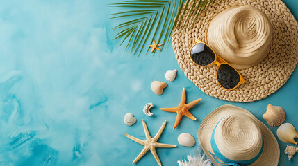 Summer flat lay with straw hat, sunglasses and beach accessories on old blue texture background with palm leaf, sun, sunlight and shadow