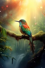 Colorful bird paradise with highly detailed features, set against a dramatic ray-lit and misty background