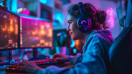 Fototapeta na wymiar Gamer girl playing computer games online.