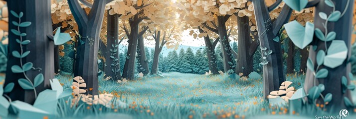 Enchanting summer forest landscape in vibrant origami paper cut style
