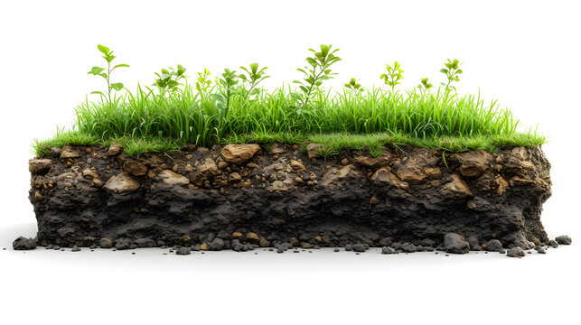 A cross-section of the earth's soil, showing layers of grass, moss, and rocks.