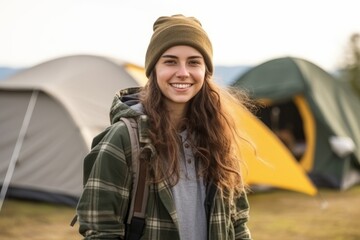 Portrait of a beautiful young woman with backpack and tent in the background