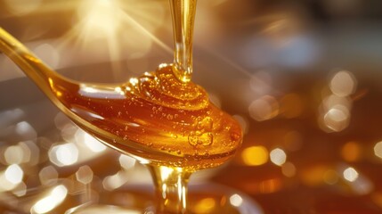 Thick honey dripping from a spoon, close-up, high detail. Hyper-realistic photo.