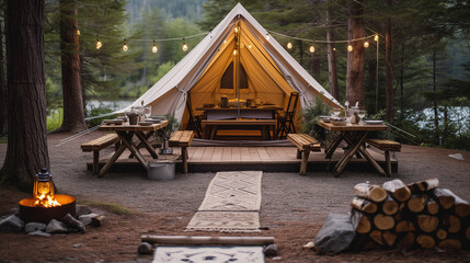 Fototapeta premium Beautiful camp site tent with dining tables and camp fire going. Ready to cook diner in the great outdoors.