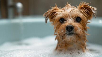 Small dog getting a wash inside a tub at the grooming place.