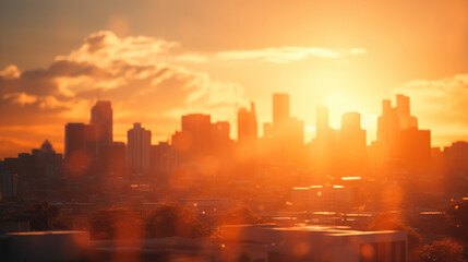 Fototapeta premium City bathed in the warm hues of a setting sun, under a vibrant sky with clouds painted in shades of orange and red. Sunset to Sunrise, Capturing Cityscape Beauty with Skyscrapers. Generative AI