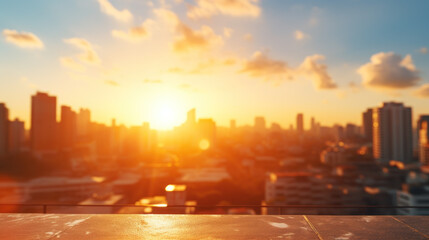 Obraz premium City bathed in the warm hues of a setting sun, under a vibrant sky with clouds painted in shades of orange and red. Sunset to Sunrise, Capturing Cityscape Beauty with Skyscrapers. Generative AI
