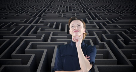 Image of uncertain caucasian woman and yellow question marks moving over grey maze