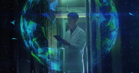 Image of asian male worker and globe over server room