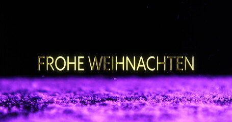 Image of frohe wihnachten text over purple particles falling on black background