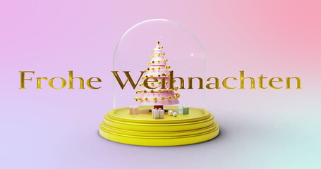 Image of frohe wihnachten text over snow globe with christmas tree