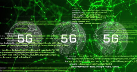 Image of 5g over globe, connections, data and digital screen