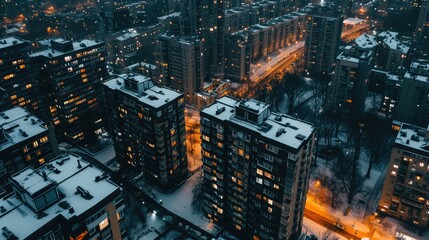 Obraz premium Residential buildings at dusk with multi-colored luminous windows. Hyperrealistic photo.