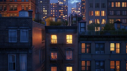 Residential buildings at dusk with multi-colored luminous windows. Hyperrealistic photo.