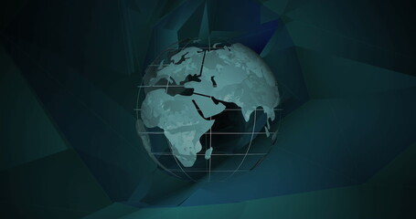 Image of globe with world map over digital space with shapes