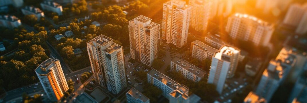 City residential high-rises on a sunny summer day. Hyperrealistic photo
