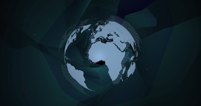 Image of globe with world map over digital space with shapes