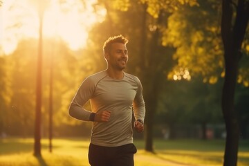 Running man jogging in the park at sunrise. Sport fitness model caucasian ethnicity training outdoor.