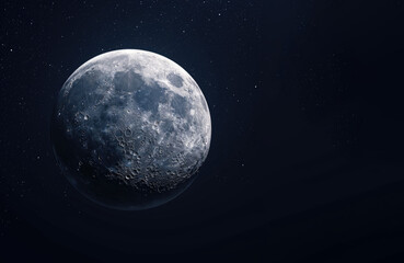 Naklejka na ściany i meble The moon in the starry sky close-up. Hyper-realistic photo.