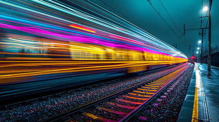 Fototapeta na wymiar Vibrant Long Exposure Night Photography: A Speeding Train Illuminating the Rails with Multicolored Lights in an Urban Scene