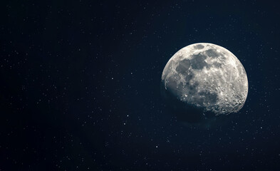 Naklejka na ściany i meble The moon in the starry sky close-up. Hyper-realistic photo.