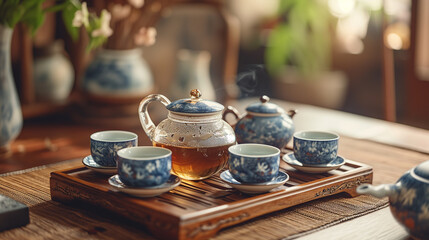Traditional Asian tea cup set on a bamboo tray, filled with hot steamy green tea. - obrazy, fototapety, plakaty