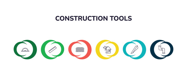 outline icons collection with infographic template. linear icons from construction tools concept. editable vector included saw, school ruler, brick wall, home repair, wedge tool, plumbing pipes