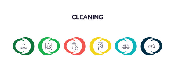 outline icons collection with infographic template. linear icons from cleaning concept. editable vector included liquid, glass cleaning, garbage, emulsion, washing dishes, hoover icons. - obrazy, fototapety, plakaty