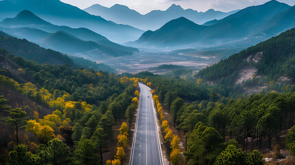 A long straight road surrounded by green trees and foggy mountains in the distance.