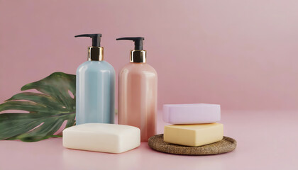 Bottles of shampoo and soap bars on pink background with copy space