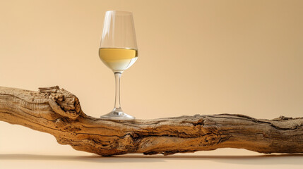 A glass of white wine is perched on a piece of driftwood against a tan background.