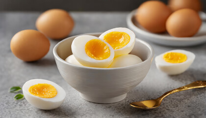 Bowl with soft boiled eggs on gray table