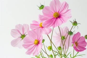 Growing cosmos flower like a bouquet with big leaves and, a white background.