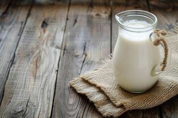 Glass jug of fresh milk on wooden table.