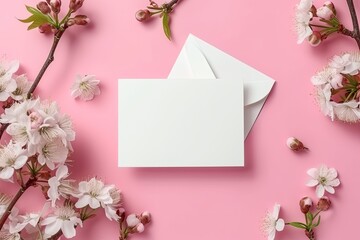 Cherry tree blossom, branches with white spring flowers and envelope over pink background