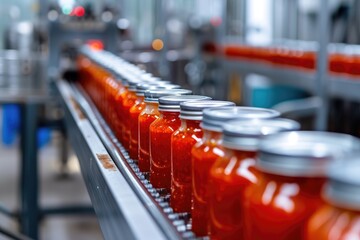 Automated conveyor line or belt in modern tomato paste in glass jars plant or factory production.