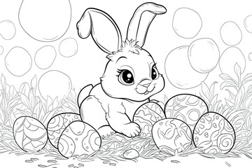 Coloring page outline of cartoon cute easter bunny with eggs. Coloring book for kids.